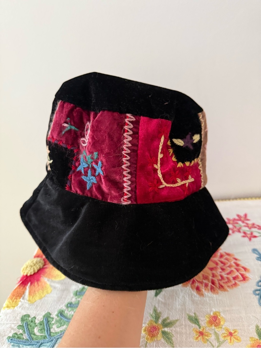 Embroidered Velvet Patchwork Bucket Hat - Black & Deep Pink